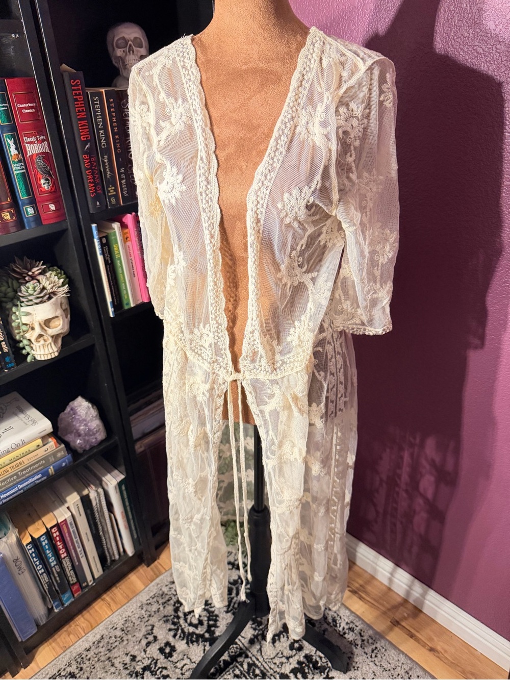 Sheer Lace Kimono Robe - Cream Lace Cover-Up